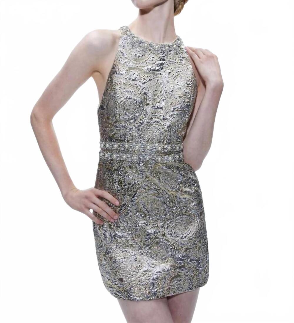 NEW ALICE + OLIVIA dru crew neck mini dress in silver/gold - Picture 3 of 4